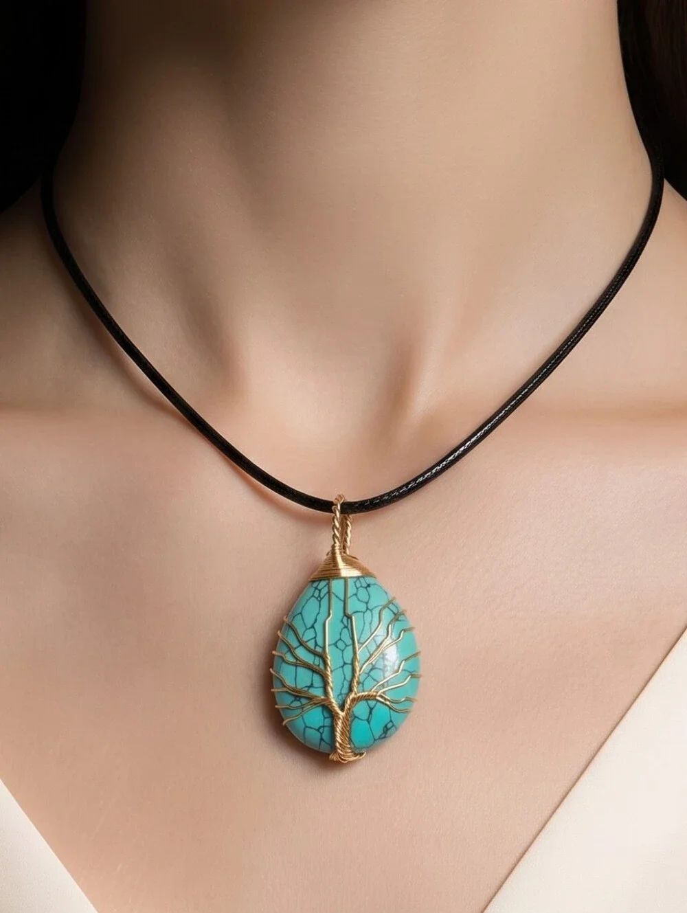 Turquoise Tree of Life Necklace Gold Wire Wrapped Teardrop Pendant Boho Gift